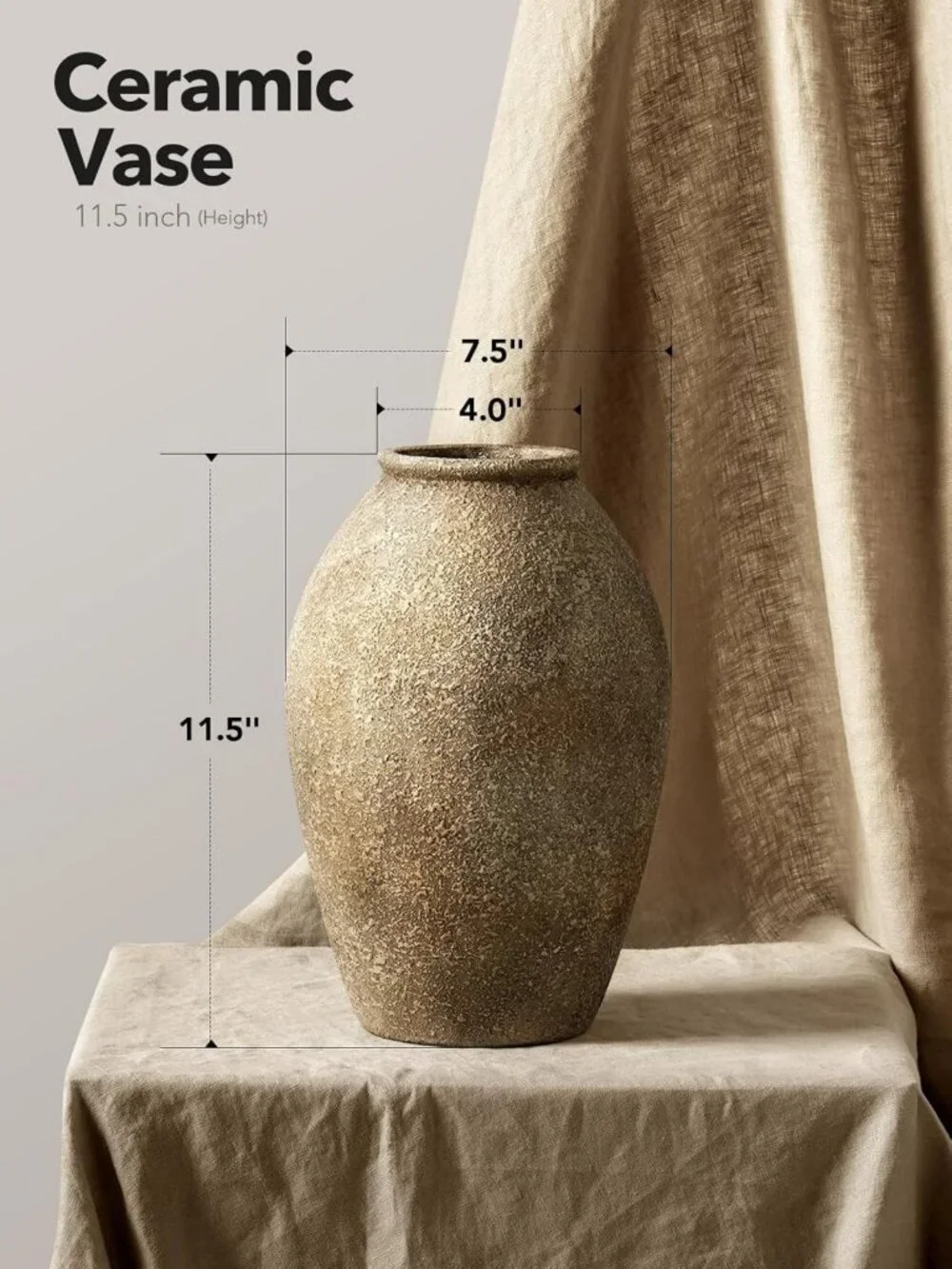 Large Rustic Farmhouse Ceramic Vase - 11.5 Inch Tall Home Decor Centerpiece